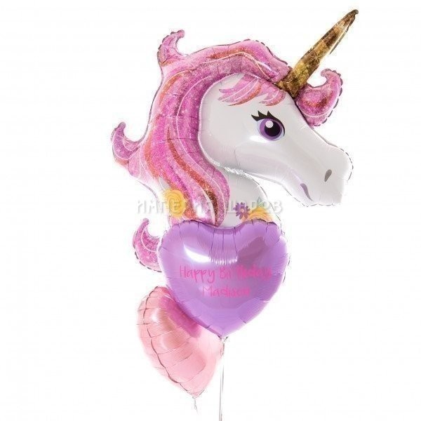 Розовый букет из шаров «Единорог и сердца» для девочки