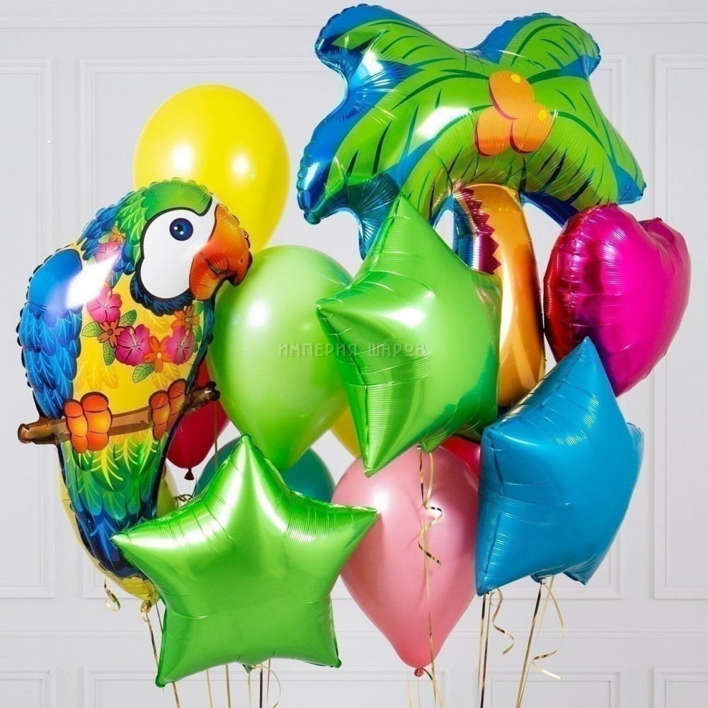 Разноцветный букет из шаров «Пальма и попугай»