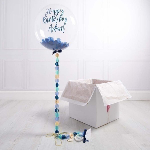 Коробка с шарами «С днем рождения» синие конфетти